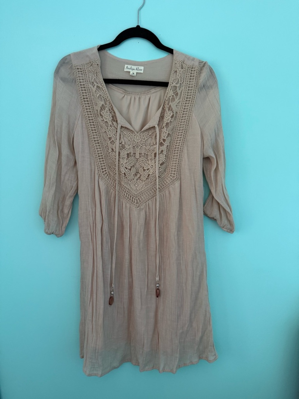 Crochet Yoke Tunic Top in Light Taupe